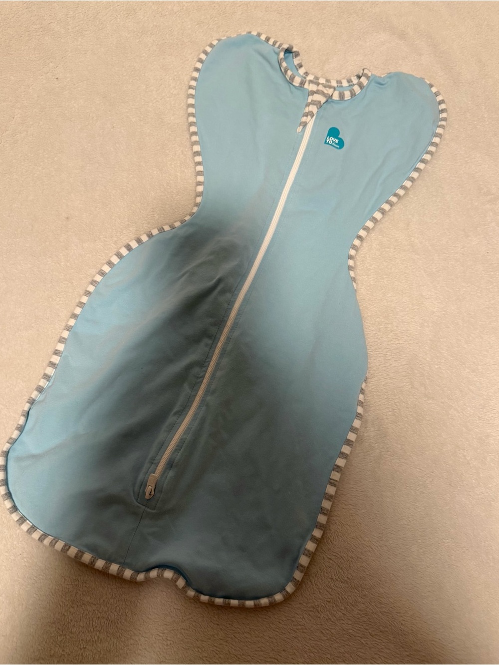 Love to Dream Light Blue Zip Swaddle with Gray Striped Trim